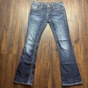Rock Revival Maggie Boot Jeans Distressed Dark Wash Flap Pocket Women’s Size 28